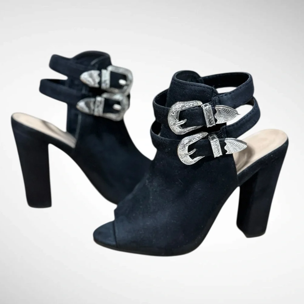 Black Faux Suede Peep Toe Block Heel Boots with buckle detailing Size 6 - Picture 2 of 15